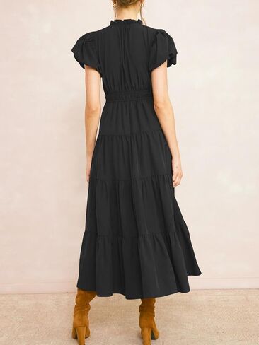 Wenrine Womens Summer Midi Dress Puff Short Sleeve V الرقبة المتسوية شاطئ A-LINE in Saudi Arabia