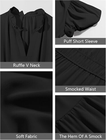 Wenrine Womens Summer Midi Dress Puff Short Sleeve V الرقبة المتسوية شاطئ A-LINE in Saudi Arabia