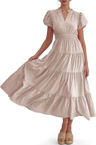 Wenrine Womens Summer Midi Dress Puff Short Sleeve V Neck Flowy Tiered Beach A-Line Dresses in Saudi Arabia