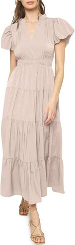 Wenrine Womens Summer Midi Dress Puff Short Sleeve V Neck Flowy Tiered Beach A-Line Dresses in Saudi Arabia
