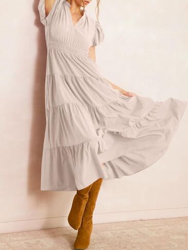 Wenrine Womens Summer Midi Dress Puff Short Sleeve V Neck Flowy Tiered Beach A-Line Dresses in Saudi Arabia