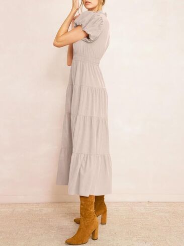 Wenrine Womens Summer Midi Dress Puff Short Sleeve V Neck Flowy Tiered Beach A-Line Dresses in Saudi Arabia