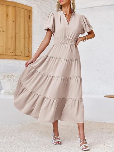 Wenrine Womens Summer Midi Dress Puff Short Sleeve V Neck Flowy Tiered Beach A-Line Dresses in Saudi Arabia