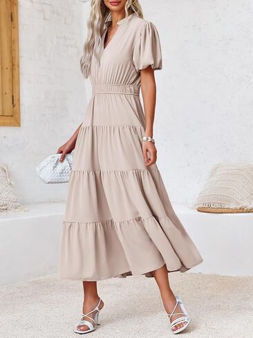 Wenrine Womens Summer Midi Dress Puff Short Sleeve V Neck Flowy Tiered Beach A-Line Dresses in Saudi Arabia