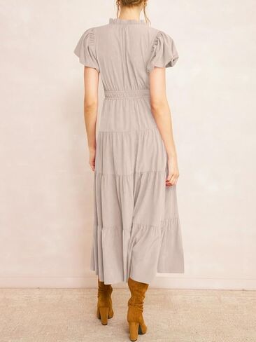 Wenrine Womens Summer Midi Dress Puff Short Sleeve V Neck Flowy Tiered Beach A-Line Dresses in Saudi Arabia