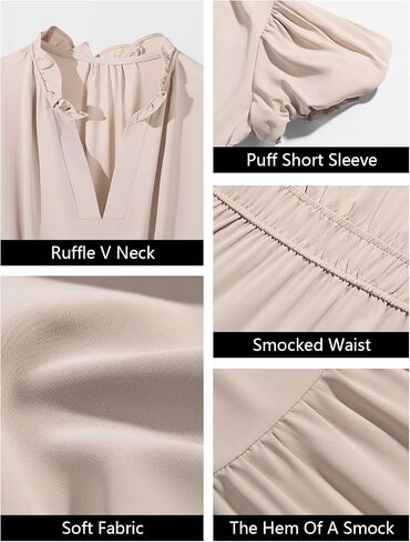 Wenrine Womens Summer Midi Dress Puff Short Sleeve V Neck Flowy Tiered Beach A-Line Dresses in Saudi Arabia