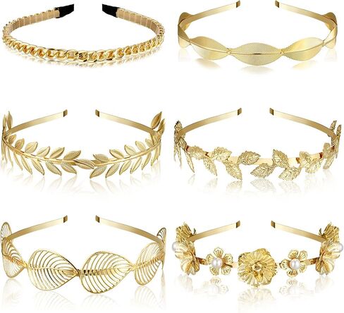 Xunyee 6 PCS Gold Leaf Headbands مجموعة عظم رأس اللؤلؤ للنساء الإلحاحات الإلهية اليونانية زهرة Faux Paux Hairband Metal Metal Prompiece Crown Hairband for Women Girl ( in Saudi Arabia