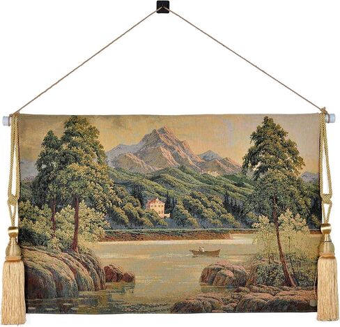 Vintage Nature Tapestry Wall Hanging Set with Telescopic Rod & Tassels - Jacquard Woven Fabric Aesthetic Lake & Mountain Landscape Wall Tapestry for Bedroom/Living Room Decor Green Art (42"x27") in Kuwait