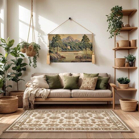 Vintage Nature Tapestry Wall Hanging Set with Telescopic Rod & Tassels - Jacquard Woven Fabric Aesthetic Lake & Mountain Landscape Wall Tapestry for Bedroom/Living Room Decor Green Art (42"x27") in Kuwait
