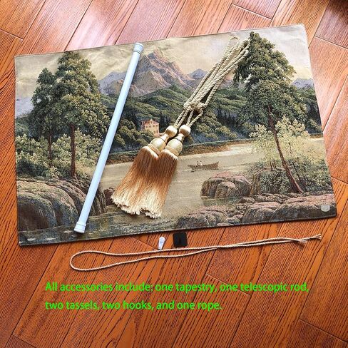 Vintage Nature Tapestry Wall Hanging Set with Telescopic Rod & Tassels - Jacquard Woven Fabric Aesthetic Lake & Mountain Landscape Wall Tapestry for Bedroom/Living Room Decor Green Art (42"x27") in Kuwait