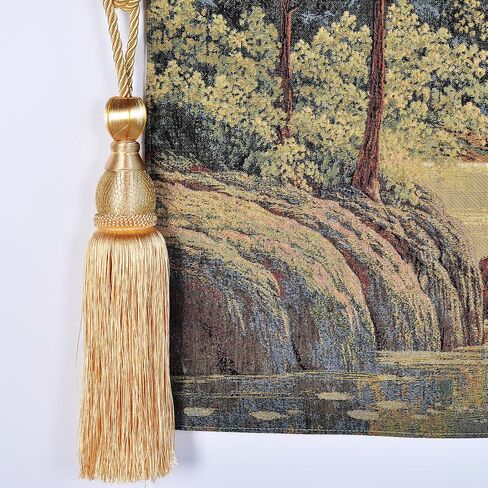 Vintage Nature Tapestry Wall Hanging Set with Telescopic Rod & Tassels - Jacquard Woven Fabric Aesthetic Lake & Mountain Landscape Wall Tapestry for Bedroom/Living Room Decor Green Art (42"x27") in Kuwait