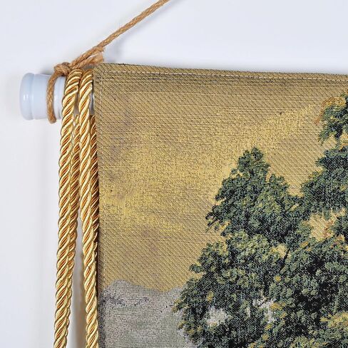 Vintage Nature Tapestry Wall Hanging Set with Telescopic Rod & Tassels - Jacquard Woven Fabric Aesthetic Lake & Mountain Landscape Wall Tapestry for Bedroom/Living Room Decor Green Art (42"x27") in Kuwait
