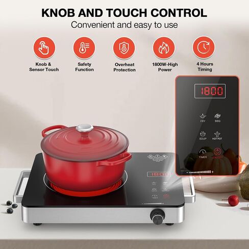 Induction Cooktop, 1800W Portable Induction Burner & 10" Fry Pan, Electric Cooktop with 8 Power & 8 Temperature Levels, Timer,110V Energy Saving Hot Plate for Home Camping in Kuwait