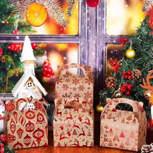 24 Pcs Christmas Goody Candy Boxes Cardboard with Handles 3D Christmas Favor Boxes with Vibrant Print for Party Gifts Candy Chocolate Treats and Cookies Favors (Mixed Style) in Saudi Arabia