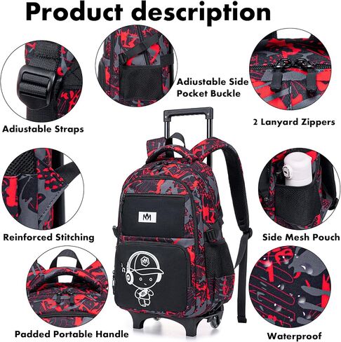 Bluboon Rolling Backpack with Wheels Kids Backpack for Boys Teens Wheeled Bookbag Kids Luggage Travel Hiking in Saudi Arabia