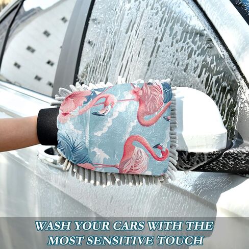 Absorbent Microfiber Car Wash Drying Mitts, 2 Pack, Scratch-Free & Lint-Free, Rich Foam, Highly Absorbent, Double Sided, Wash Mitt Perfect for Car Washing, L, Flamingo (5) in Saudi Arabia