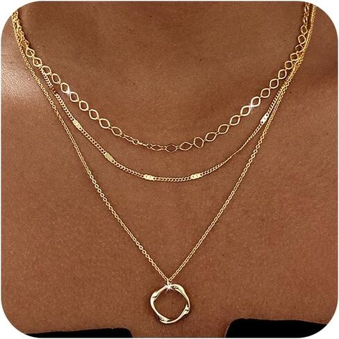Gold/Silver Layered Necklaces for Women,Dainty 14k Gold Plated Stackable Choker Necklaces for Women,Trendy Layering Coin Chain Pendant Jewelry Set Gifts in Kuwait