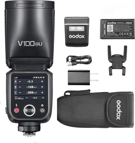 Godox V100S Flash V100-S مستديرة شاشة تعمل باللمس ، بطارية ليثيوم مدمجة ، مصباح نمذجة LED 10 ، لكاميرا Sony in Kuwait