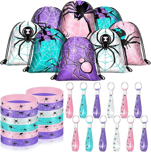 Lothee 32 Pieces Spider Web Birthday Party Decoration Set Spider Web Drawstring Bags Funny Travel Sack Backpack Rubber Bracelets Wristlet Keychain for Birthday Party Supplies Favors (Fresh Style) in Kuwait