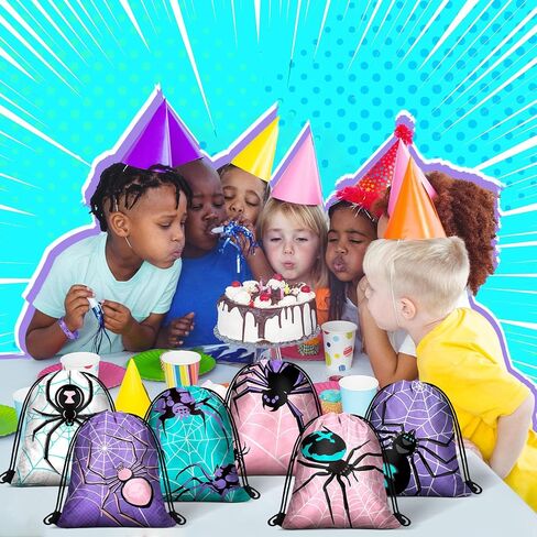 Lothee 32 Pieces Spider Web Birthday Party Decoration Set Spider Web Drawstring Bags Funny Travel Sack Backpack Rubber Bracelets Wristlet Keychain for Birthday Party Supplies Favors (Fresh Style) in Kuwait