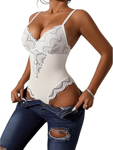 Teddy Lingerie for Women Sexy Deep v Lace Teddy Bodysuit مزدوج الطبقة الداخلية Lingerie S-XXL أسود أبيض ماتشا in Kuwait