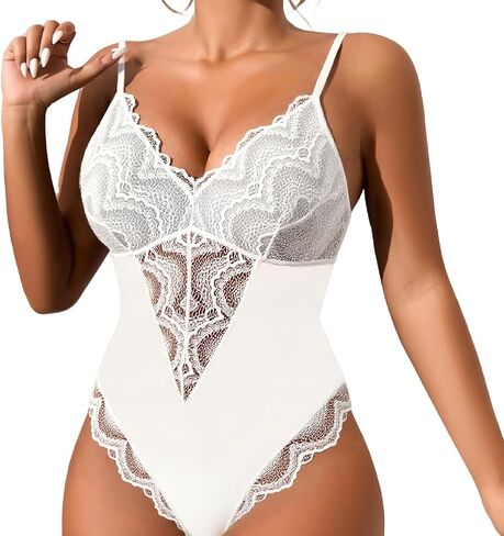 Teddy Lingerie for Women Sexy Deep v Lace Teddy Bodysuit مزدوج الطبقة الداخلية Lingerie S-XXL أسود أبيض ماتشا in Kuwait