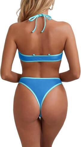 Triangle Thong Bikini مجموعة للنساء مثيرة بلوك بلوك الرسن من قطعتين من قطعتين من حلة السباحة العالية المقطوعة in Kuwait