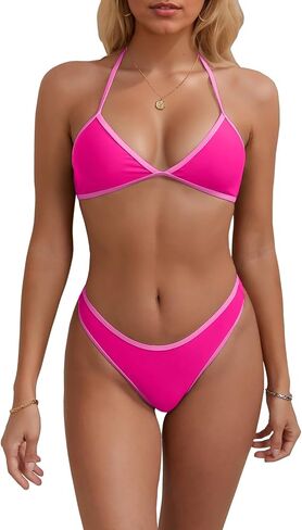 Triangle Thong Bikini مجموعة للنساء مثيرة بلوك بلوك الرسن من قطعتين من قطعتين من حلة السباحة العالية المقطوعة in Kuwait