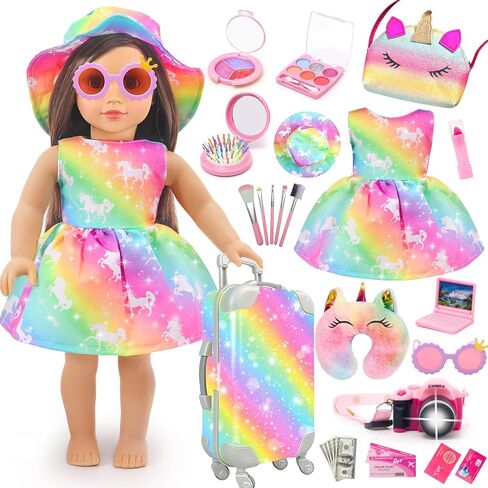 American 18 Inch Doll Accessories Doll Travel Set Including Suitcase Luggage and Dress, Camera Computer Phone Neck Pillow Sunglasses Dolls Travel Gear Play Set Gift for Birthday (NO Doll) in Saudi Arabia