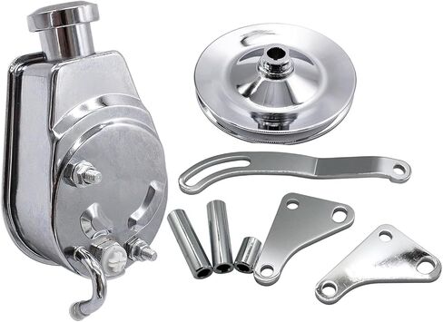 Chrome Power Steering Pump with pulley and Bracket Kit Compatible with Small Block Chevy Long Water Pump SBC 265 283 305 327 350 383 400 Engines Replace Keyway style 5/8" in Saudi Arabia