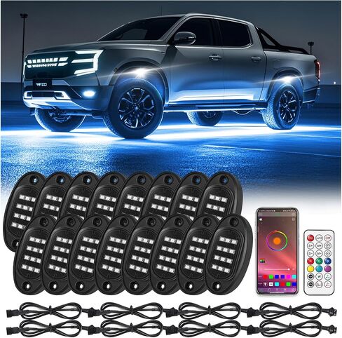 16Pods RGB LED Rock Lights Kit with APP/RF Remote Control, Car Underglow Lights with Brake Multicolor Neon Underbody Light Waterproof 12V for Trucks Pickup Jeep Golf Cart SXS ATV in Kuwait