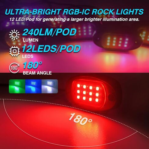 16Pods RGB LED Rock Lights Kit with APP/RF Remote Control, Car Underglow Lights with Brake Multicolor Neon Underbody Light Waterproof 12V for Trucks Pickup Jeep Golf Cart SXS ATV in Kuwait