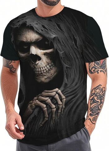 Mens Skull T Shirts Horror Print Tees Short Sleeve Crewneck Casual Graphic Tee Biker T Shirt for Men Soft Comfort Top in Saudi Arabia