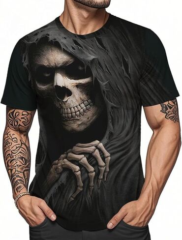 Mens Skull T Shirts Horror Print Tees Short Sleeve Crewneck Casual Graphic Tee Biker T Shirt for Men Soft Comfort Top in Saudi Arabia