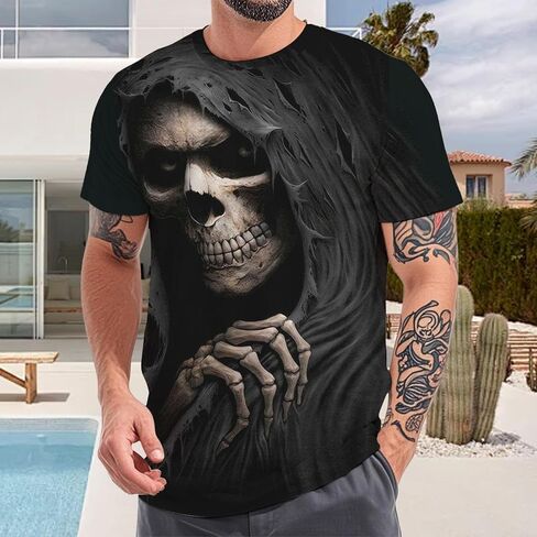 Mens Skull T Shirts Horror Print Tees Short Sleeve Crewneck Casual Graphic Tee Biker T Shirt for Men Soft Comfort Top in Saudi Arabia