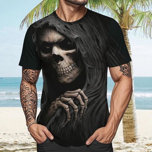 Mens Skull T Shirts Horror Print Tees Short Sleeve Crewneck Casual Graphic Tee Biker T Shirt for Men Soft Comfort Top in Saudi Arabia