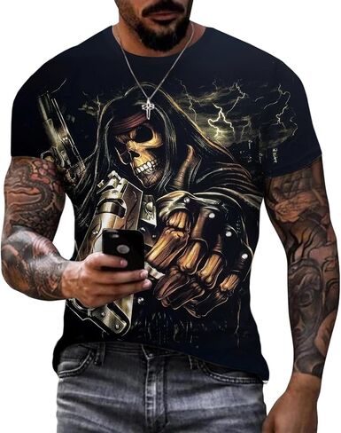 Mens Skull T Shirts Horror Print Tees Short Sleeve Crewneck Casual Graphic Tee Biker T Shirt for Men Soft Comfort Top in Saudi Arabia