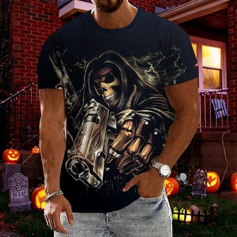 Mens Skull T Shirts Horror Print Tees Short Sleeve Crewneck Casual Graphic Tee Biker T Shirt for Men Soft Comfort Top in Saudi Arabia