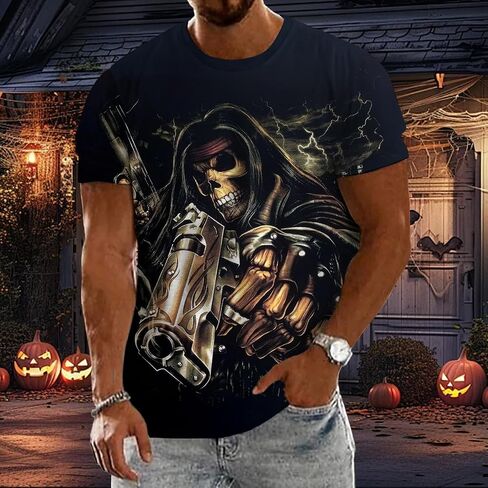 Mens Skull T Shirts Horror Print Tees Short Sleeve Crewneck Casual Graphic Tee Biker T Shirt for Men Soft Comfort Top in Saudi Arabia