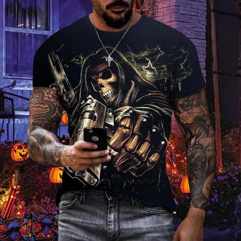 Mens Skull T Shirts Horror Print Tees Short Sleeve Crewneck Casual Graphic Tee Biker T Shirt for Men Soft Comfort Top in Saudi Arabia