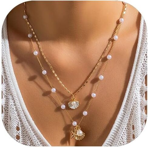 Airvess Gold Shell Necklace for Women Conch Starfish Seashell Charm Necklaces Boho Summer Beach Vacation Outfit Accessories Jewelry in Kuwait