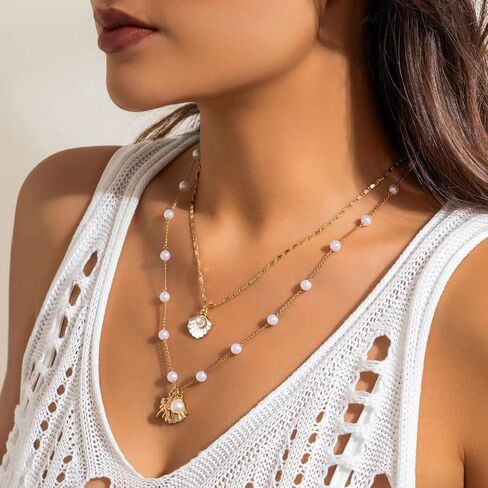 Airvess Gold Shell Necklace for Women Conch Starfish Seashell Charm Necklaces Boho Summer Beach Vacation Outfit Accessories Jewelry in Kuwait