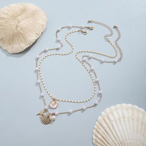 Airvess Gold Shell Necklace for Women Conch Starfish Seashell Charm Necklaces Boho Summer Beach Vacation Outfit Accessories Jewelry in Kuwait