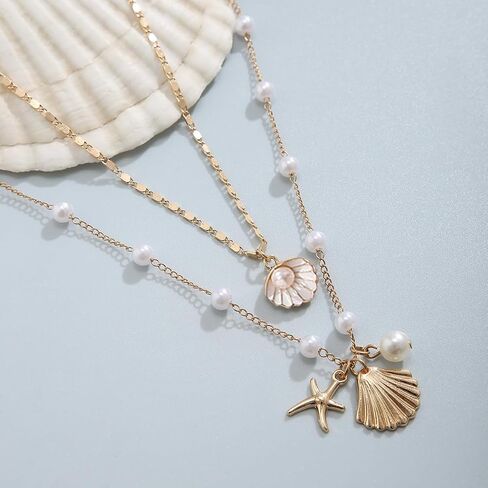 Airvess Gold Shell Necklace for Women Conch Starfish Seashell Charm Necklaces Boho Summer Beach Vacation Outfit Accessories Jewelry in Kuwait