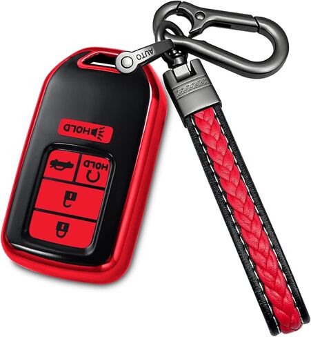 for honda key fob cover with metal/leather keychain,TPU Key case,compatible with 2021 2022 Accord Civic Crosstour CR-V CR-Z Odyssey Remote smart Key,5 buttons Red in Kuwait
