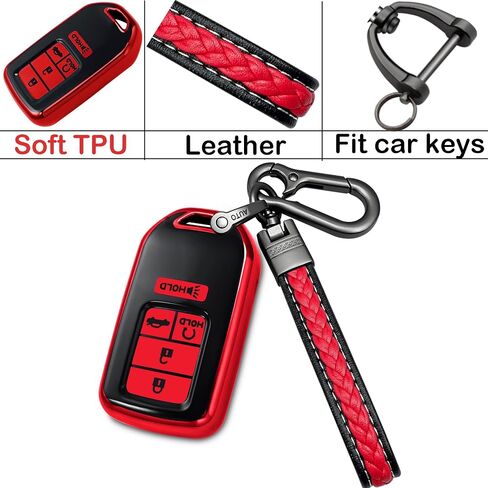 for honda key fob cover with metal/leather keychain,TPU Key case,compatible with 2021 2022 Accord Civic Crosstour CR-V CR-Z Odyssey Remote smart Key,5 buttons Red in Kuwait