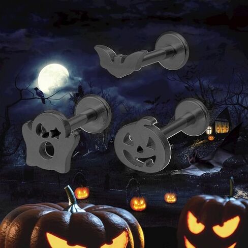 3Pcs 16G Ghost Bat Pumpkin Stainless Steel Cartilage Earrings Labret Monroe Lip Rings Tragus Helix Studs Earrings Halloween Piercing Jewelry in Saudi Arabia