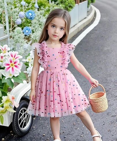 Agqt Girls Birthdy Party Dress Polka Dots Sequin Star-Light Princess Tulle Wedding Pageant Bessing Evening 3-10 Years in Kuwait