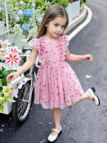 Agqt Girls Birthdy Party Dress Polka Dots Sequin Star-Light Princess Tulle Wedding Pageant Bessing Evening 3-10 Years in Kuwait