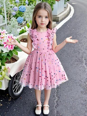 Agqt Girls Birthdy Party Dress Polka Dots Sequin Star-Light Princess Tulle Wedding Pageant Bessing Evening 3-10 Years in Kuwait